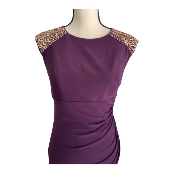 Xscape Sheath Dress Women's Size 6 Plum Purple Ruched Cap Sleeve Studded - Picture 2 of 4